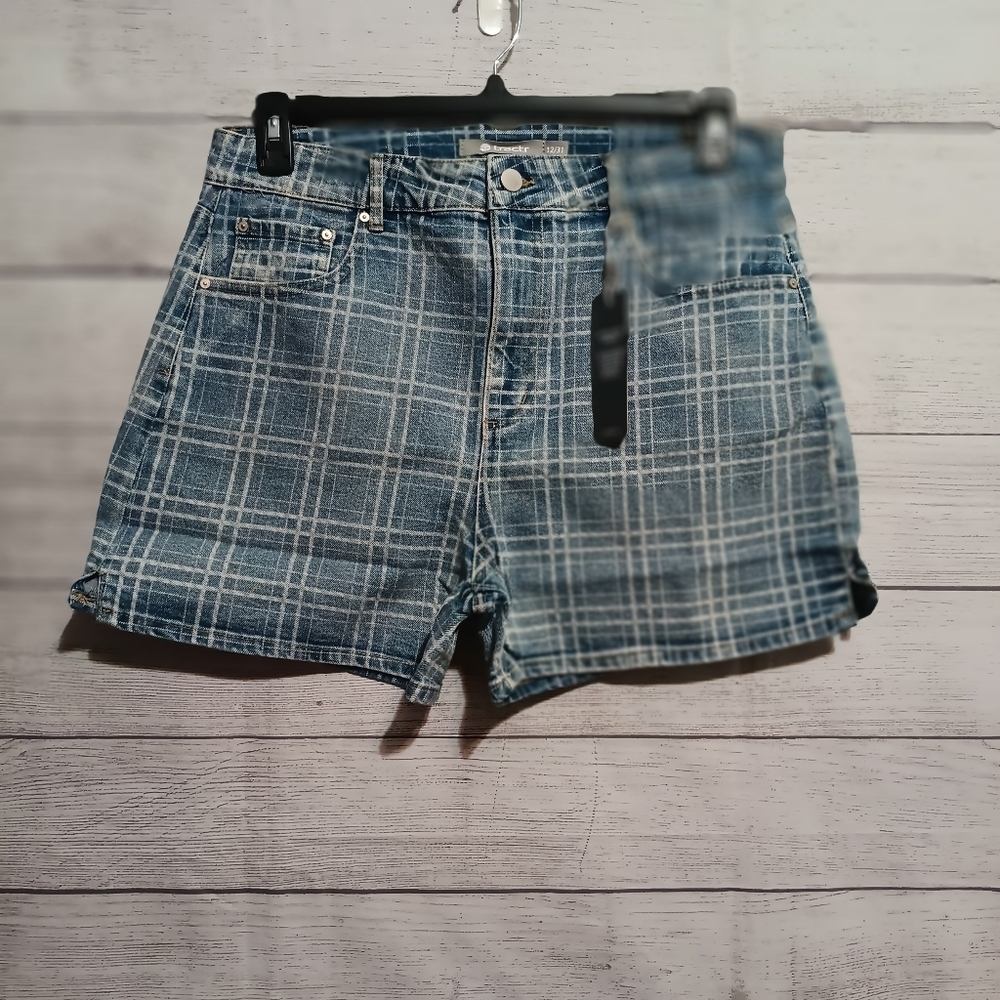 Tractr High Rise Denim Shorts Womens 12/31 Indigo Blue Plaid Slim Fit Stretch